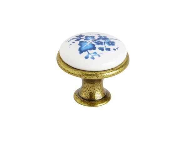 Úchytka - knopka SIMON staromosaz/porcelán bílý s modrými kvítky
